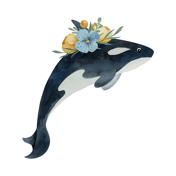 Kreskówkowy Wieloryb Dekoracyjnym Wieńcem Akwarela Ręcznie Rysowane Ilustracji Białym Tle — Zdjęcie stockowe
