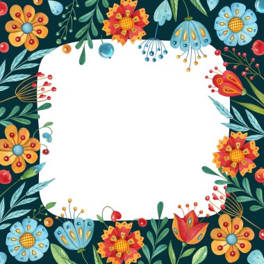 Elle boyanmış suluboya çiçek çerçevesi. Metin için alanı olan botanik illüstrasyon. Davetiyeler, tebrik kartları, posterler, tasarım ögeleri için dekorasyon.