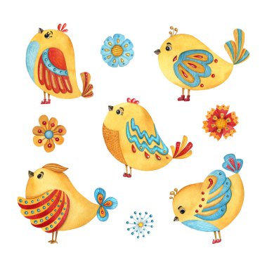 Hand-painted watercolor set with cute birds and flowers. Bright illustration with separate elements. Character design for textile, scrapbooking, nursery, kids wrapping, poster and print.	