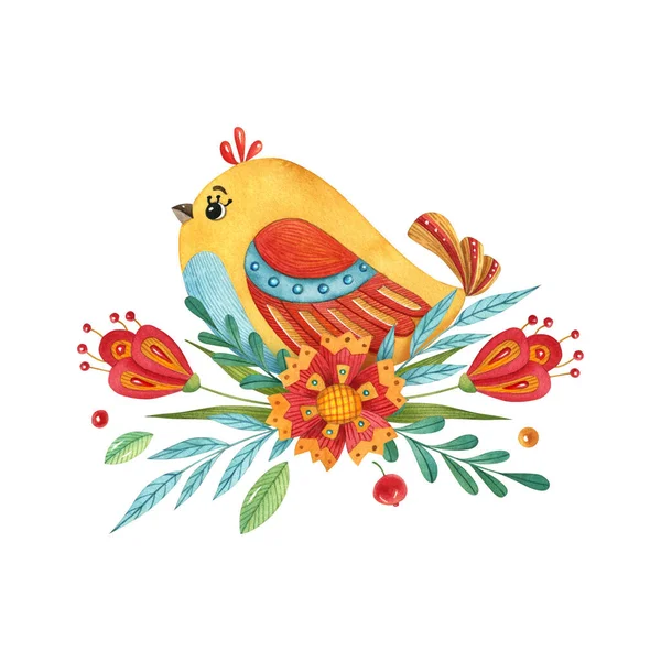 Akwarela Ręcznie Malowane Ilustracja Ptaka Kwiat Wystrój Cute Design Dla — Zdjęcie stockowe