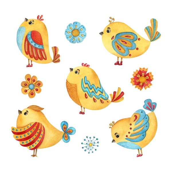 Hand-painted watercolor set with cute birds and flowers. Bright illustration with separate elements. Character design for textile, scrapbooking, nursery, kids wrapping, poster and print.	