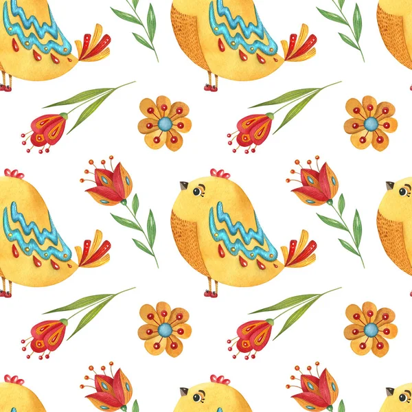 Kuşlar Çiçeklerle Suluboya Kusursuz Desen Tekstil Hatıra Defteri Kreş Çocuk — Stok fotoğraf