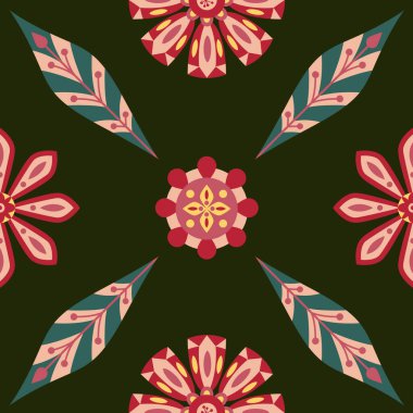 Koyu arkaplanda vektör çiçeksiz desen var. Botanik illüstrasyon. Duvar kağıdı, tekstil, tebrik kartları, davetiyeler, baskılar, ev dekorasyonu için sanat eserleri.