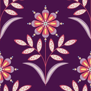 Koyu arkaplanda parlak çiçeksiz desen var. Botanik illüstrasyon. Duvar kağıdı, tekstil, tebrik kartları, davetiyeler, baskılar, ev dekorasyonu için sanat eserleri.