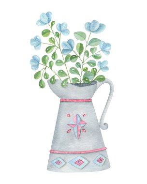 Açık arkaplanda mavi çiçekli sürahinin suluboya çizimi. El yapımı, klasik botanik kompozisyonu. Ev dekorasyonu, kartpostallar, davetiyeler, çıkartmalar, ambalaj tasarımı için.