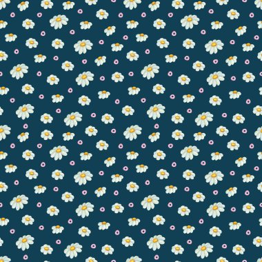 Koyu arkaplanda papatya desenli suluboya. Parlak basit çizgi film çizimi.