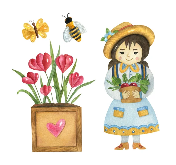 水彩园艺设置在明亮的背景上 色彩艳丽的手绘插图 画的是一个可爱的女孩 昆虫和花朵 — 图库照片