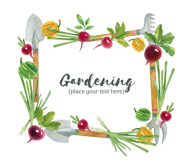 Hand Painted Watercolor Frame Template Vegetables Gardening Tools Colored Illustration — Stock Photo, Image