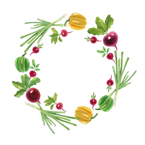 Watercolor round frame with fresh vegetables. Bright illustration with space for text. Ideal for greeting card, invitation, banner, and home decor. — Stock Image Watercolor Frame Fresh Vegetables Bright Illustration Space Text Ideal Greeting Stock Picture