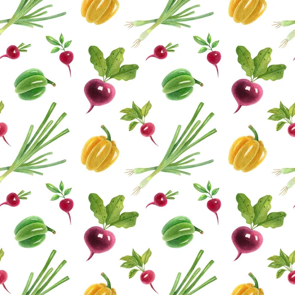 Watercolor seamless pattern with fresh vegetables on the light background. Bright cartoon illustration of radish, beetroot, bell pepper, and green onion. — Stock Image Watercolor Seamless Pattern Fresh Vegetables Light Background Bright Cartoon Illustration Stock Picture