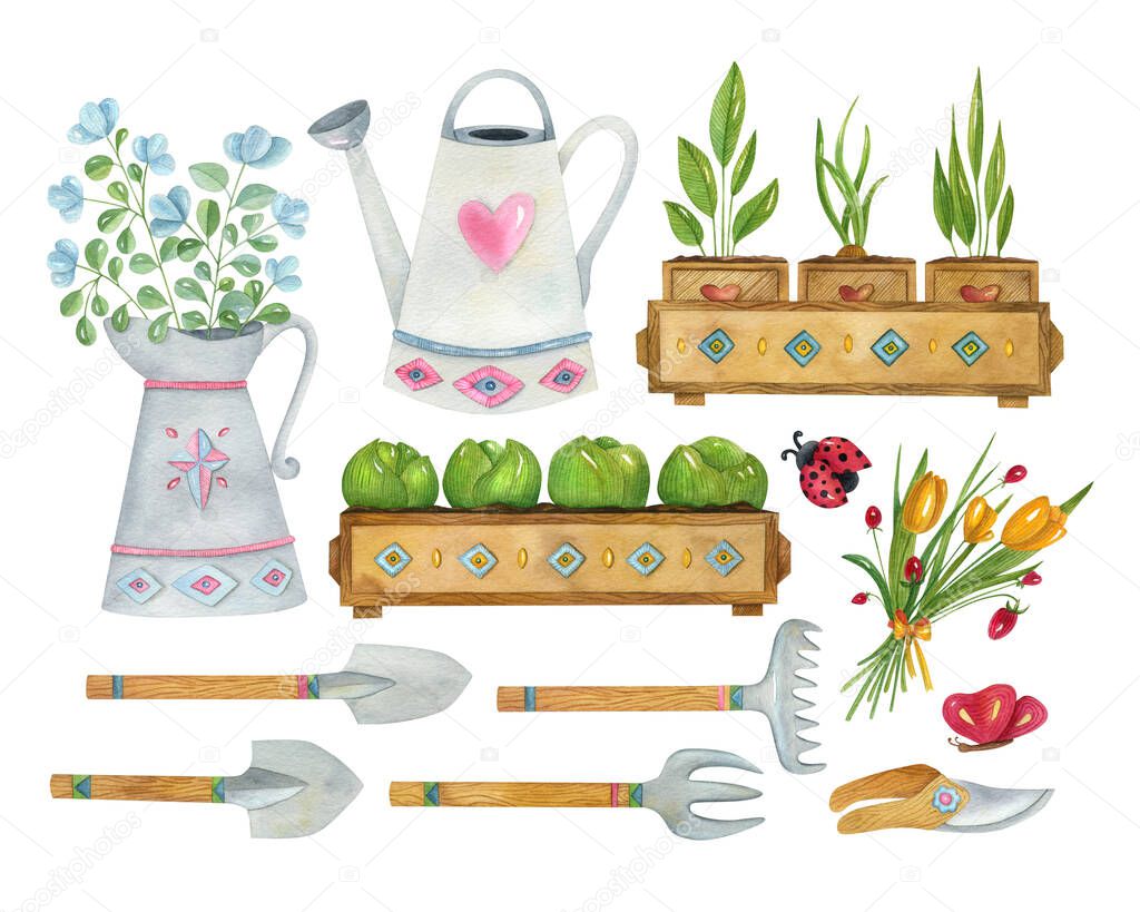 Watercolor gardening set. Bright hand-painted illustration with gardening tools, watering can, seedlings, insects, and flowers. 