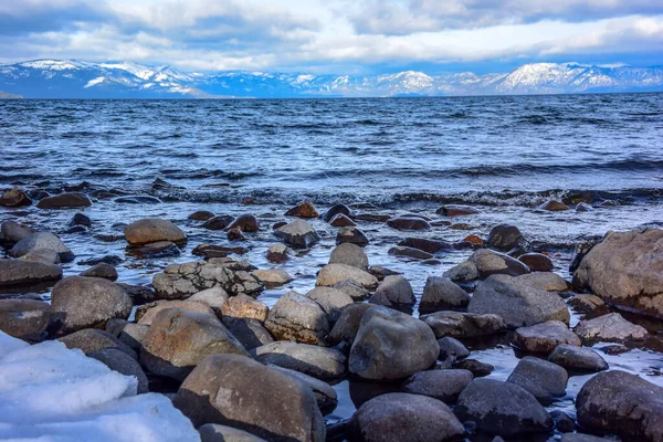 Beach covered by snow along the Lake Tahoe
