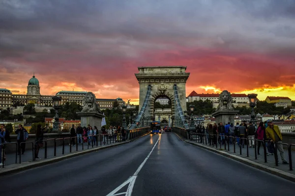 Красное небо над цепным мостом в центре Будапешта — стоковое фото