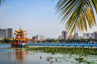 Tayvan 'da tropik tatil, palmiye ağaçları ve geleneksel Çin mimarisi, Kaohsiung