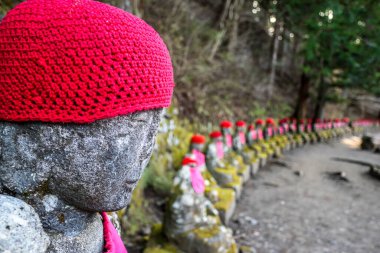 Buda 'nın antik heykelleri nehrin kıyısında, Japonya' da bir sırada inşa edilmiştir.