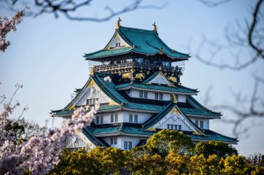 Mavi çatılı ve Japonya 'daki zengin dekorasyonlu çarpıcı Osaka kalesi.