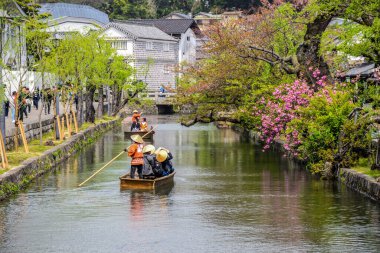 Nehir kanalındaki Japonlar ve Japonya 'daki kiraz çiçekleri, Kurashiki