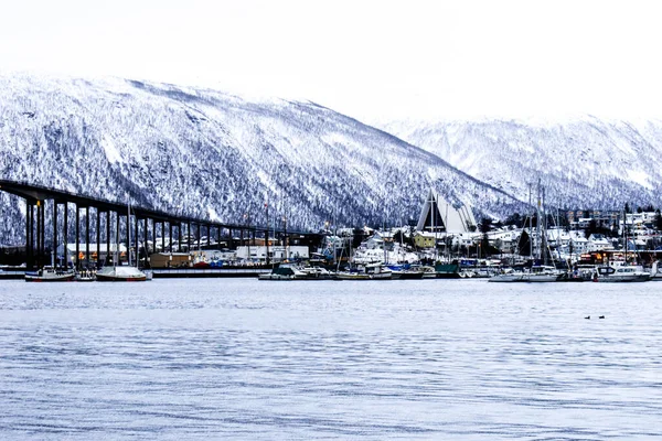 Norveç 'in kuzeyindeki Tromso fiyordunda ikonik katedral ve köprü