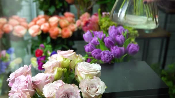 Florist Arrangiert Blumen Blumenladen — Stockvideo