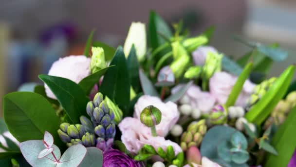 白玫瑰和紫罗兰的近景 — 图库视频影像