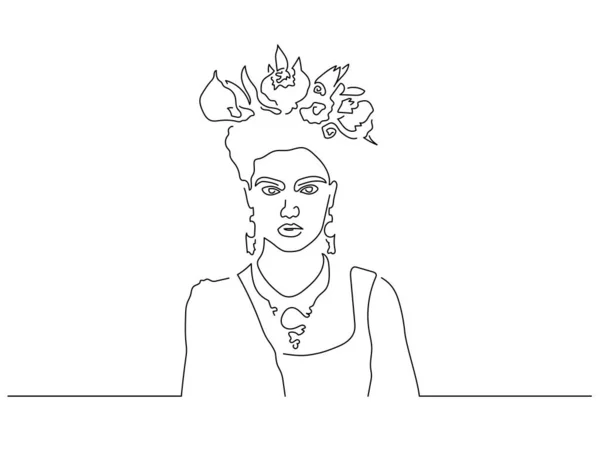 Femme Avec Des Fleurs Sur Tête Dessin Ligne Isolé Dessin — Image vectorielle