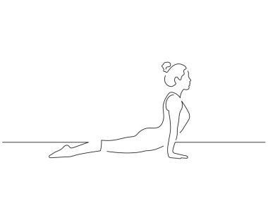 Yoga yapan bir kadın izole çizgi çiziyor, vektör çizimi yapıyor. Spor koleksiyonu.