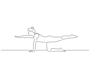 Yoga yapan bir kadın izole çizgi çiziyor, vektör çizimi yapıyor. Spor koleksiyonu.