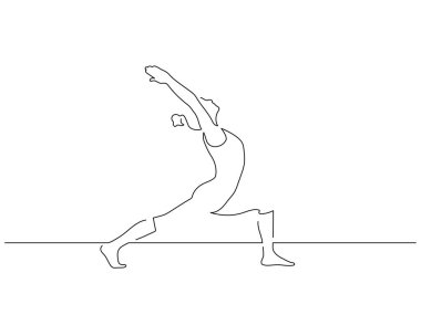 Yoga yapan bir kadın izole çizgi çiziyor, vektör çizimi yapıyor. Spor koleksiyonu.