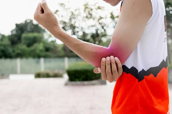 Close Elbow Injury Man Use Hands Hold His Elbow — Stock Photo, Image