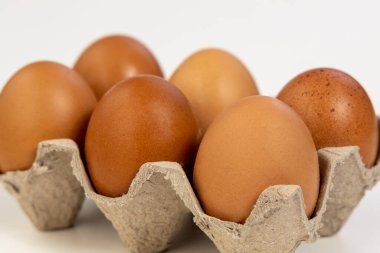 Beyaz arka planda karton yumurta kutusunda çiğ tavuk yumurtası. Paketteki yumurtalar.