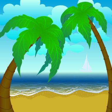 Vector Illustration plajı ve arka planda palmiye ağaçları ve beyaz yelkenli. Yaz manzarası.