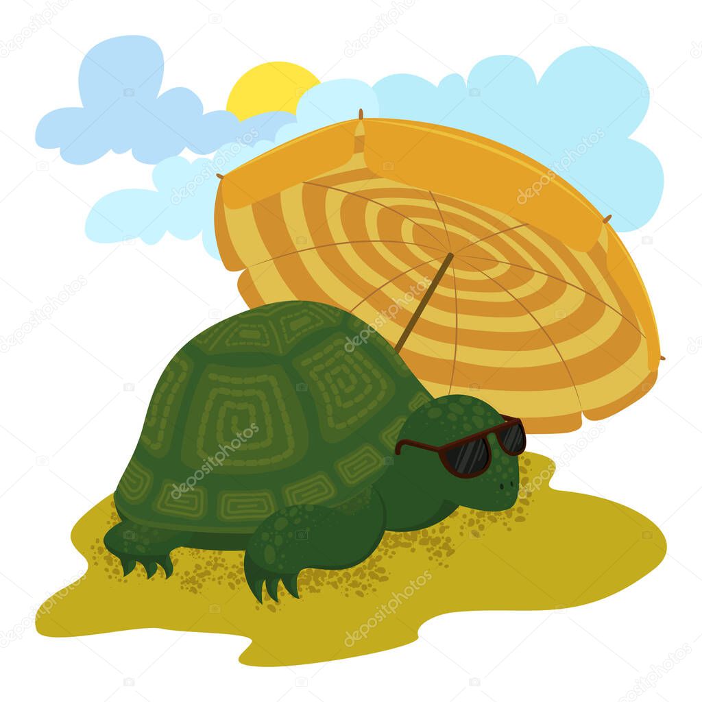Turtle on the beach. Vector illustration. Cute cartoon character. Summer vacation.