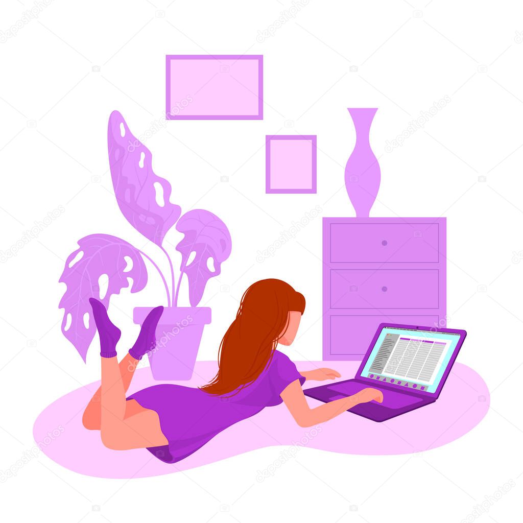 Girl with laptop lying on stomach. Working online  freelance business work at home. Chat, dating, education and search for information on the network. Remote Job. Vector Flat Illustration.