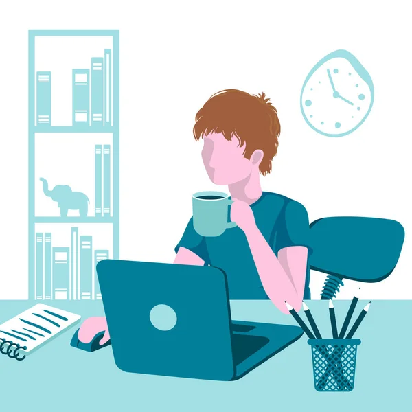 Hombre Está Trabajando Portátil Bebe Café Tiempo Trabajo Espacio Trabajo — Vector de stock