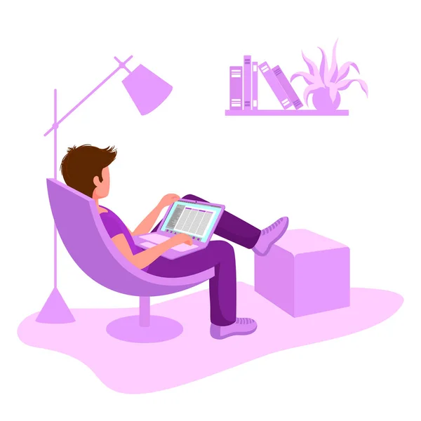 远程工作概念 穿着舒适扶手椅在笔记本电脑上工作的人 在家工作 教育和在网络上搜索信息 矢量平面图解 — 图库矢量图片
