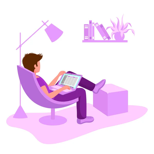 Concepto Trabajo Remoto Hombre Freelancer Sillón Cómodo Trabajando Laptop Carácter — Archivo Imágenes Vectoriales