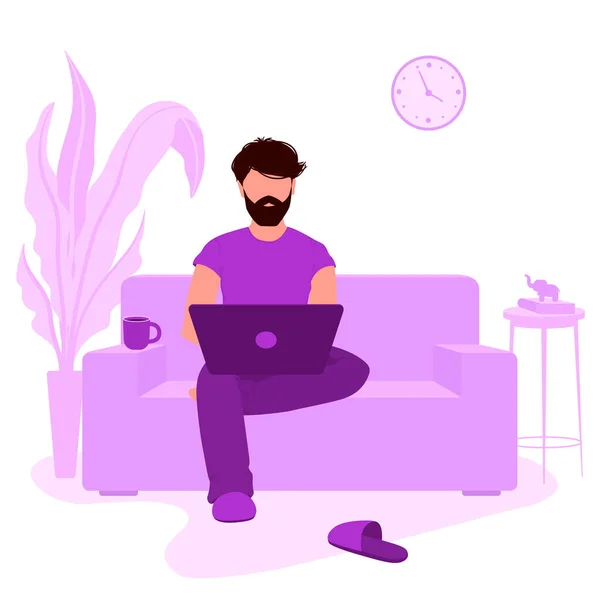Remote Work Concept Man Freelancer Working Laptop Character Work Home — Stock Vector