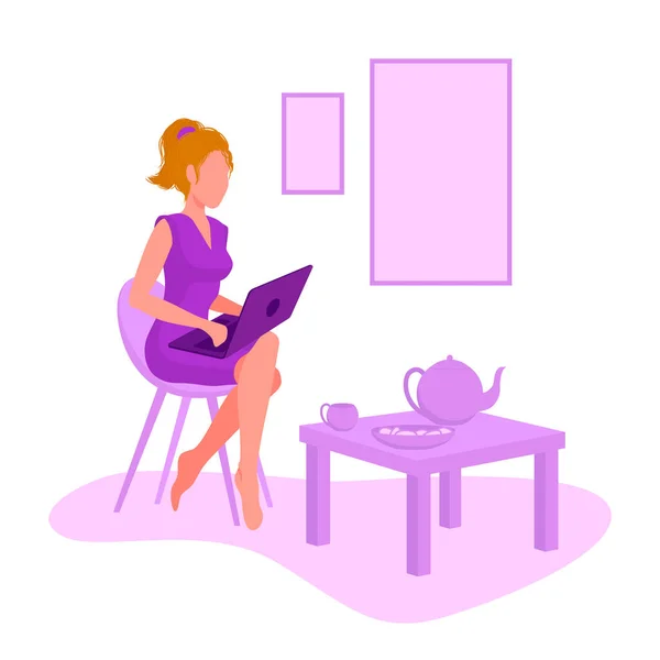 Girl Using Laptop Sitting Chair Freelance Studying Concept Working Online — Stock Vector