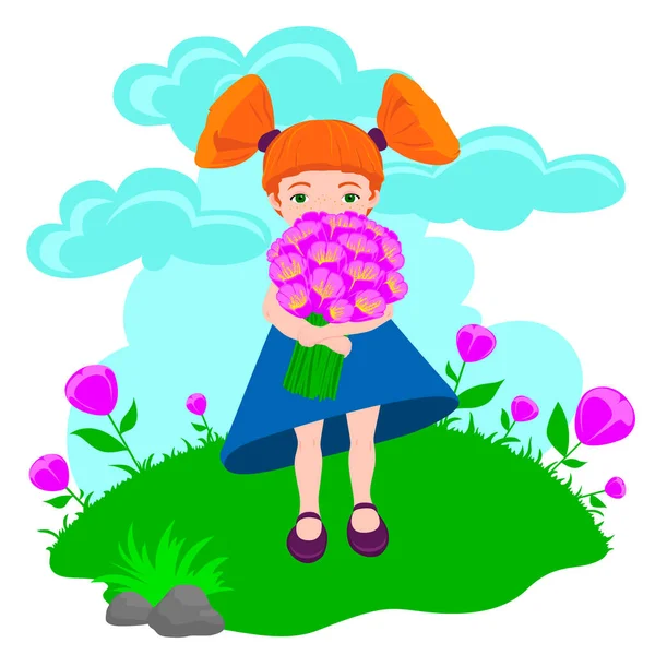 Ilustração Vetorial Uma Menina Ruiva Com Buquê Flores — Vetor de Stock
