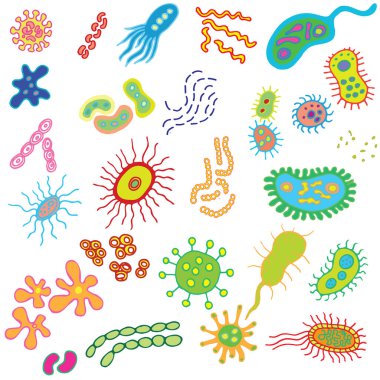 Mikroplar, virüs ve patojen çizgi simgeleri. Bakteriyoloji hijyeni ve enfeksiyon izole edilmiş sembolleri özetliyor. Bakteri ve mikrop, hücre mikroskobik bakteri doğrusal çizim