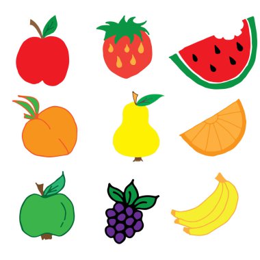 Meyve vektör çizim seti. Elle çizilmiş yemek çizimi. Etiket ve meyve suyu ambalajı tasarımı için botanik eskizi. 