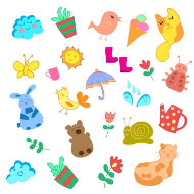 Bir dizi el çizimi şirin elementler. Doodle vektör çizimi. Havuç, tavşan, kuş, mevsimlik tasarım için çiçekler. Beyaz arkaplanda izole.