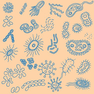  Mikroplar, virüs ve patojen çizgi simgeleri. Bakteriyoloji hijyeni ve enfeksiyon izole edilmiş sembolleri özetliyor. Bakteri ve mikrop, hücre mikroskobik bakteri doğrusal çizim