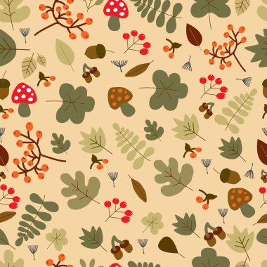 El yapımı yapraklar, böğürtlenler ve mantarlar tekstil için son moda renklerde. Kağıt, kapak, kumaş, iç dekorasyon için modern soyut tasarım