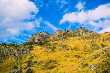 Kayalıklı dağ tepesi otlar ve berrak mavi gökyüzü arkaplanı