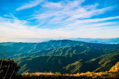 Sabah mavi gökyüzü arkaplanlı bir dağ manzarası