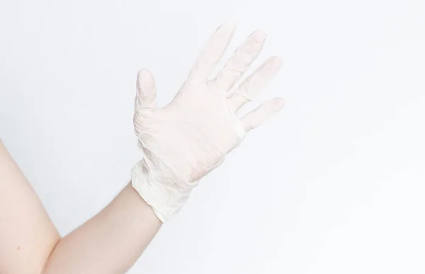 Luva Branca Mão Proteção Contra Vírus Tema Higiene Proteção Contra — Fotografia de Stock