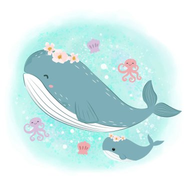Şirin balina resimleri, hayvan tırmanışı, bebek partisi dekorasyonu, orman illüstrasyonu..