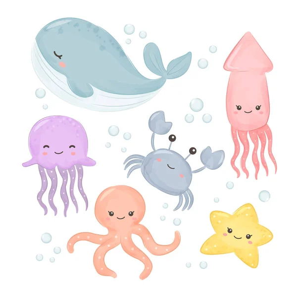 Aanbiddelijke Zee Dieren Illustratie Dier Clipart Baby Douche Decoratie Bos — Stockvector