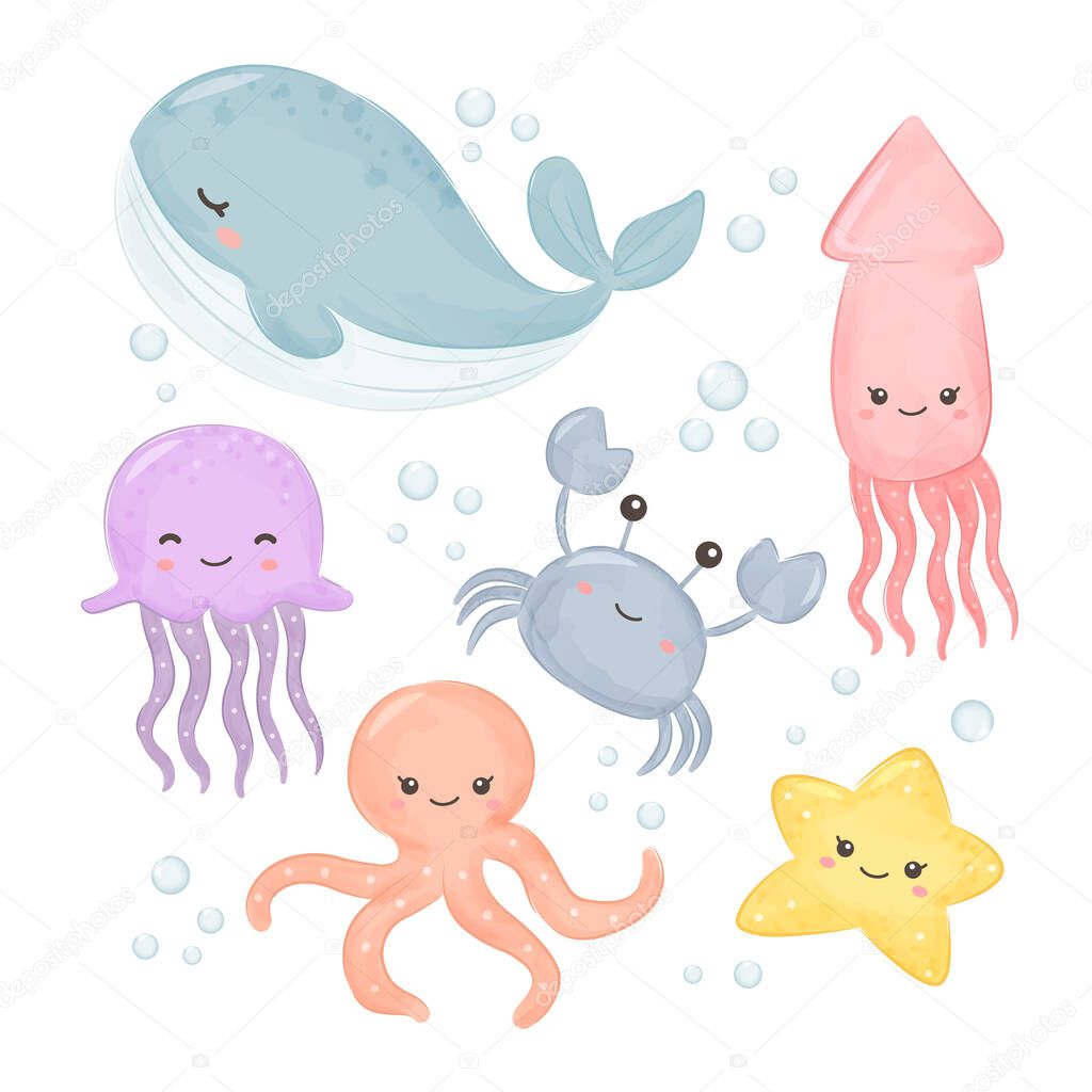 adorable sea animals illustration, animal clipart, baby shower decoration, woodland illustration.